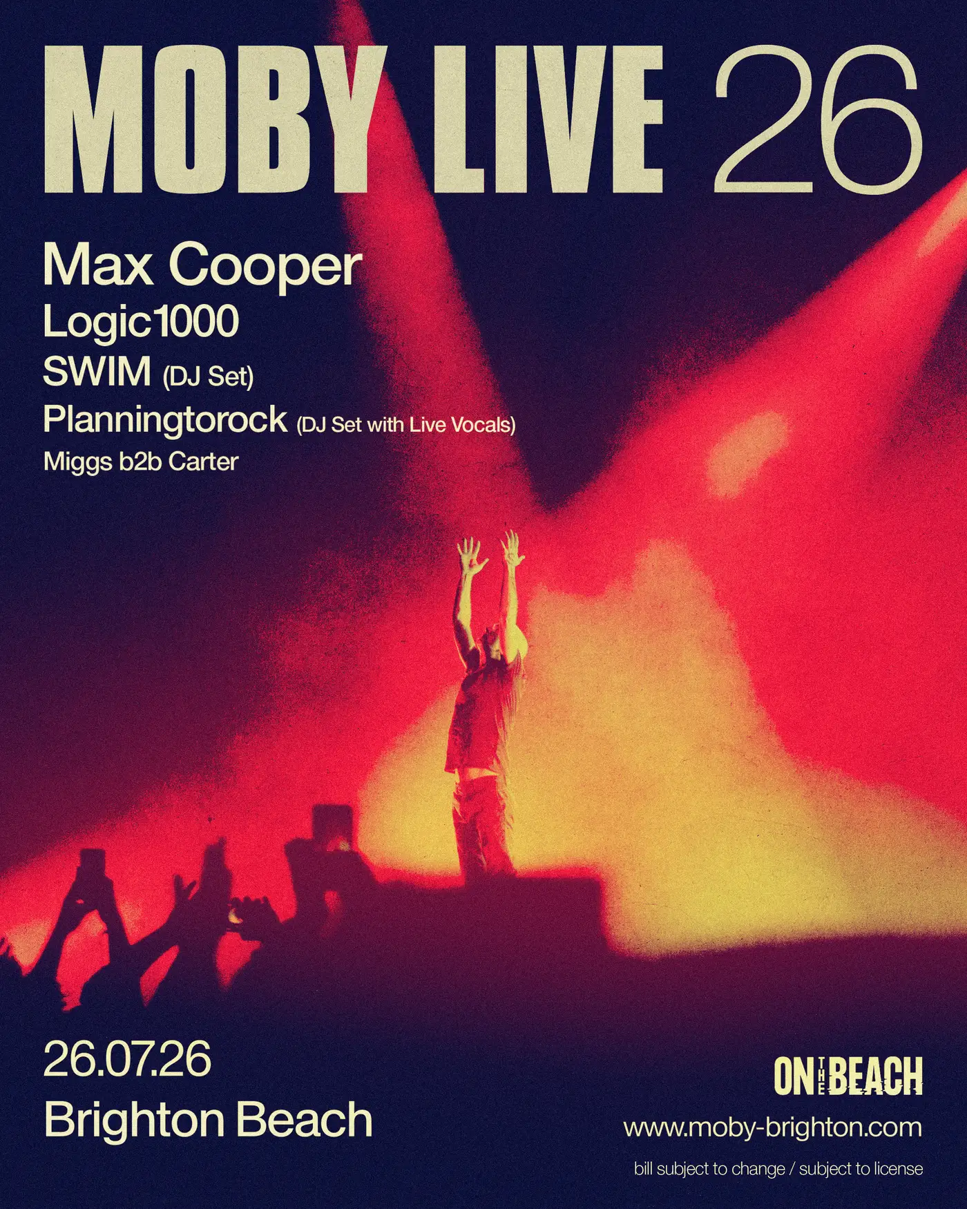 Moby Live 26 — Max Cooper, Logic1000, SWIM, Planningtorock, Miggs b2b Carter — On The Beach Brighton — Sunday 26th July 2026 — Sold Out